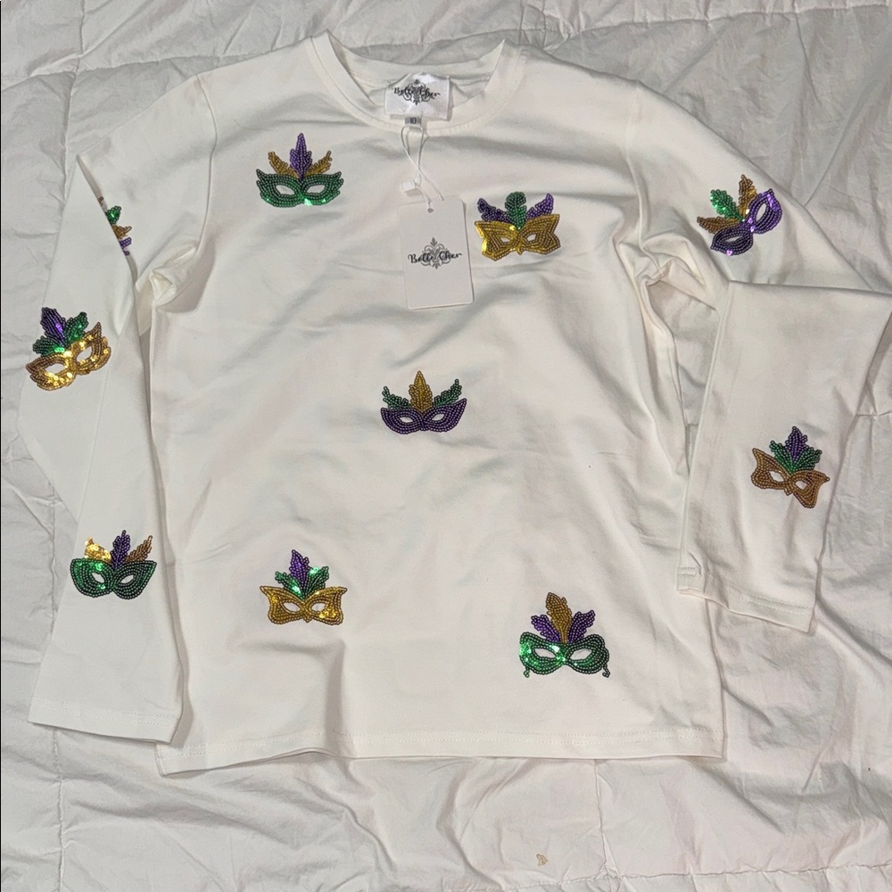 Belle Cher Mardi Gras Girls White Long Sleeve Shirt with Sequin Mask size 10
